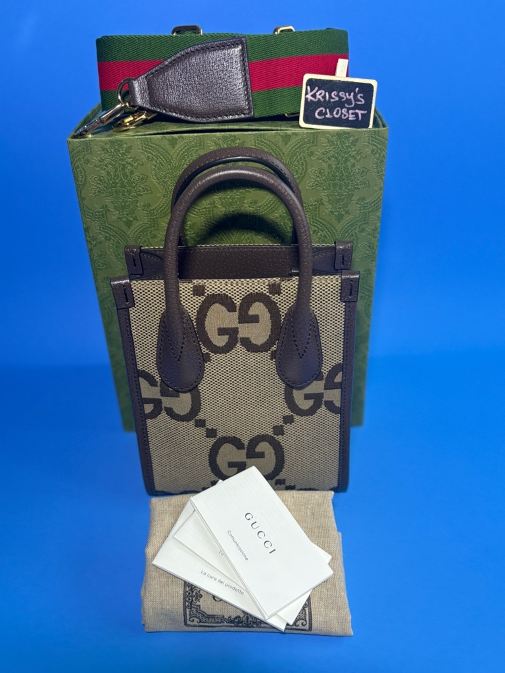 💯 GUCCI  Jumbo GG Canvas Vertical Mini Tote with Sherryline Guitar Strap